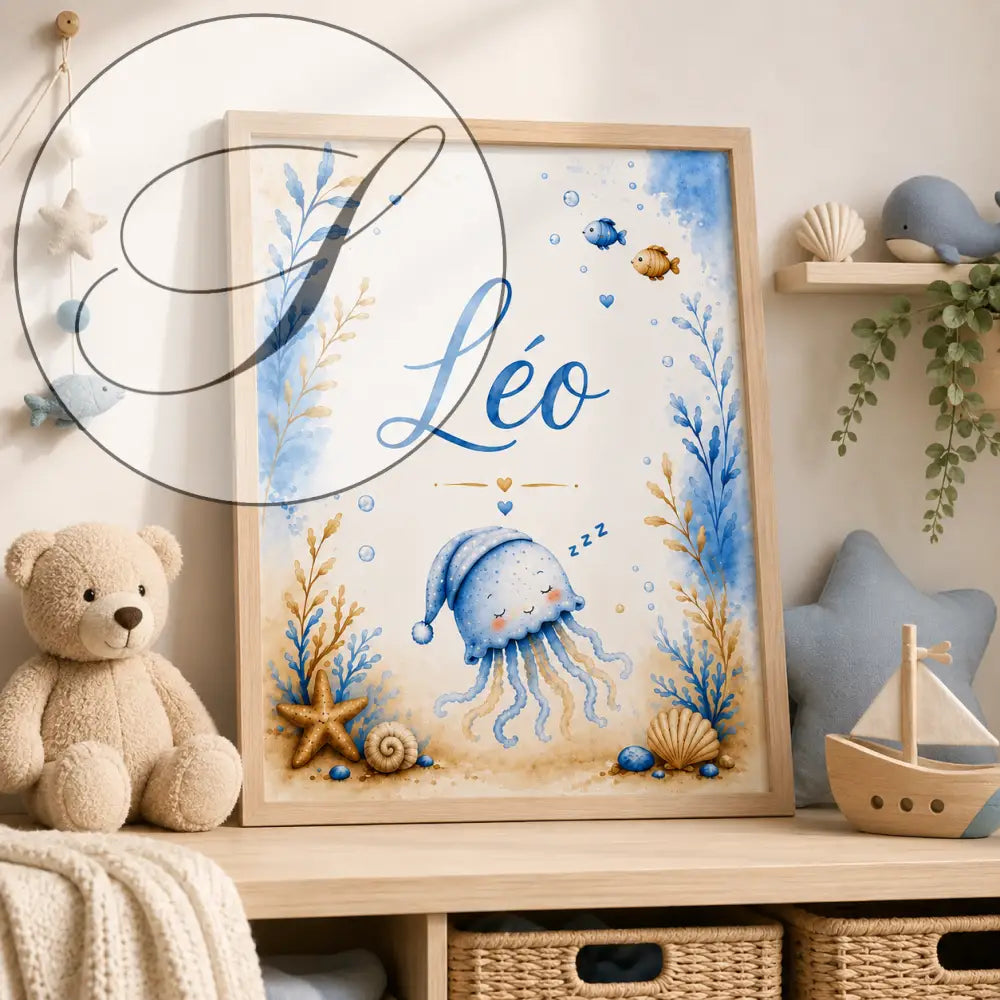 Affiche prénom personnalisée format a4 avec illustration aquarelle dune méduse bleue endormie cadeau naissance numérique