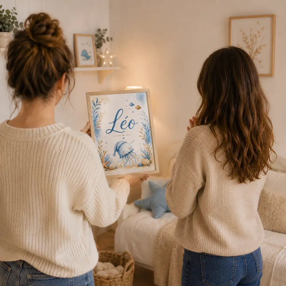 Affiche personnalisée prénom format a4 à télécharger avec une méduse bleue-cadeau naissance 