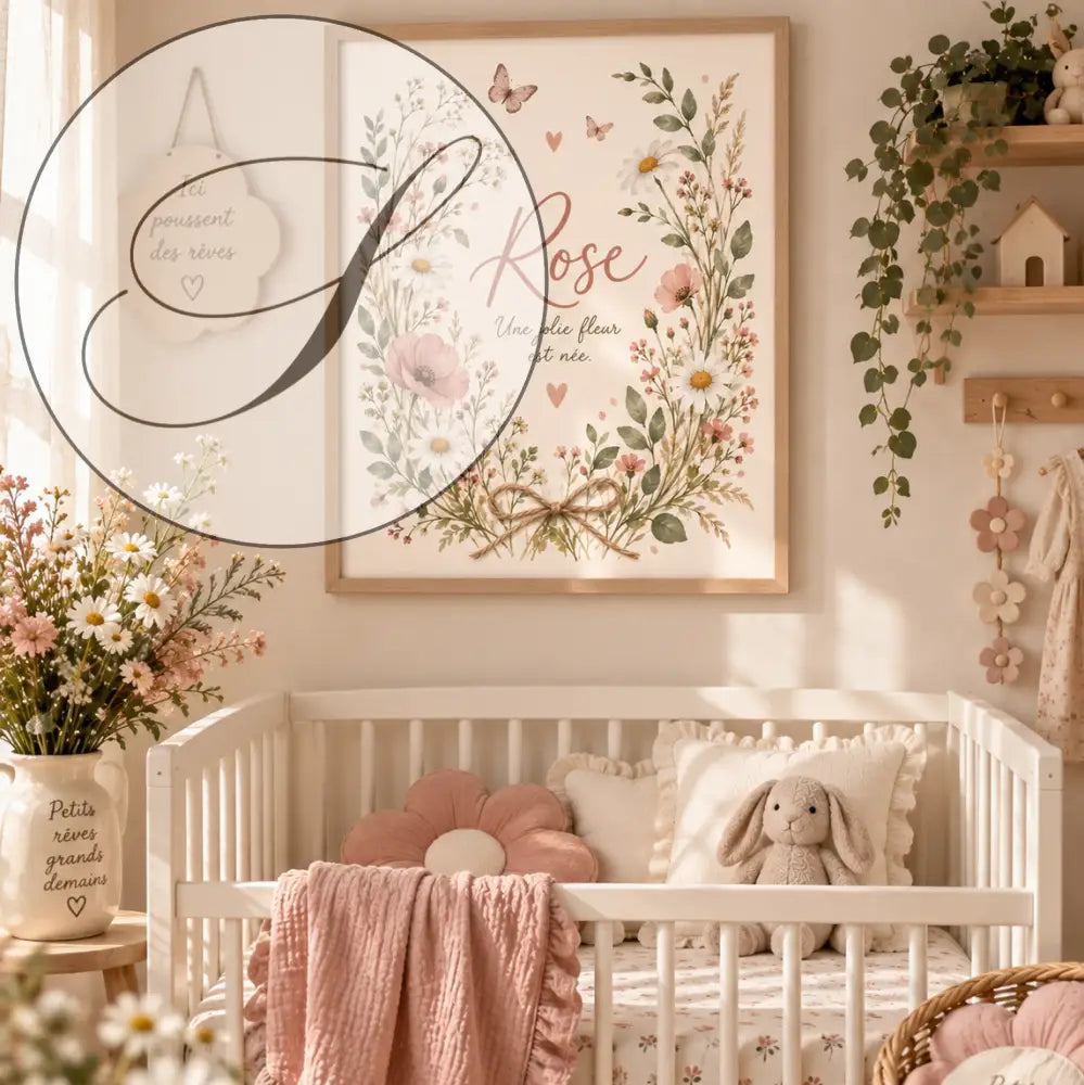 Cadre cadeau naissance personnalisé bébé avec une affiche prénom fleurie, guirlande délicate de fleurs roses et blanches et papillons pastel