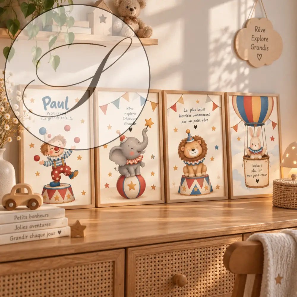 Set de quatre affiches personnalisées enfant cirque avec cadres en bois cadeau naissance original pour décoration bébé