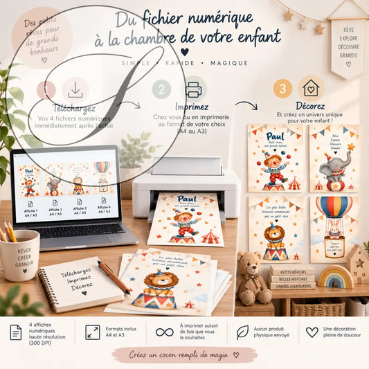 Affiche personnalisée enfant prénom avec illustrations cirque sur papier a4 et a3 cadeau naissance original