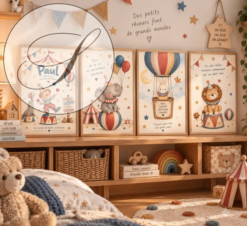 Quatre affiches personnalisées enfant avec illustrations cirque colorées idéal cadeau naissance original et déco chambre bébé