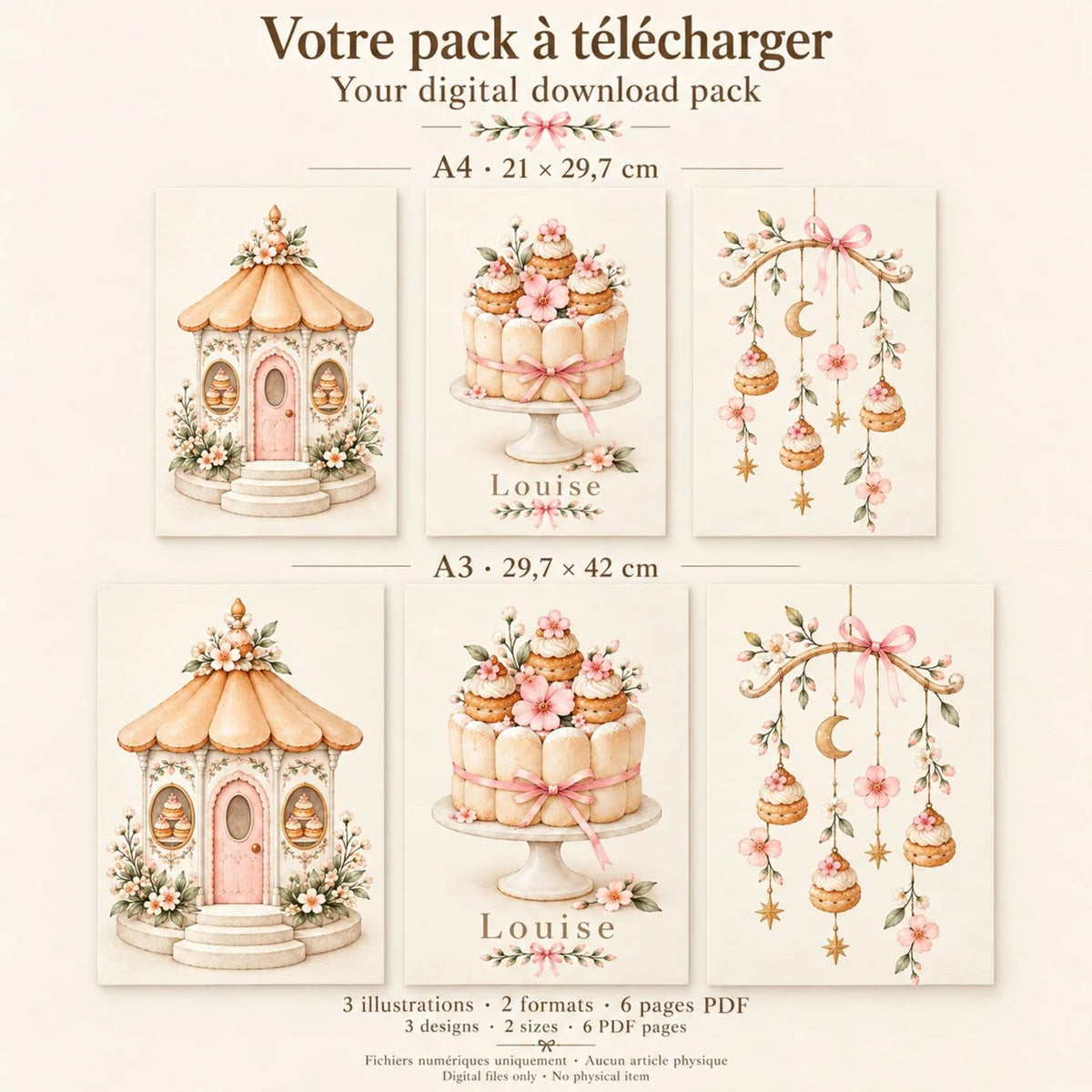 Cadeau naissance : contenu du pack, 3 affiches kiosque, charlotte et mobile en A4 et A3, 6 pages PDF