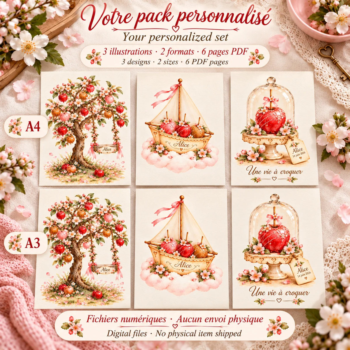 Cadeau naissance : contenu du pack personnalisé, 3 affiches pommes d'amour en A4 et A3, 6 pages PDF