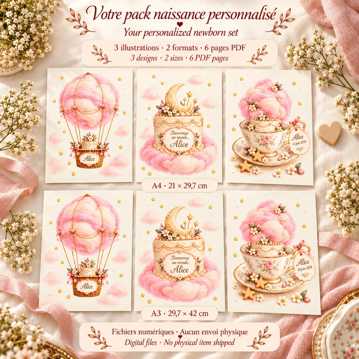Cadeau naissance : contenu du pack personnalisé, 3 affiches roses en A4 et A3, 6 pages PDF