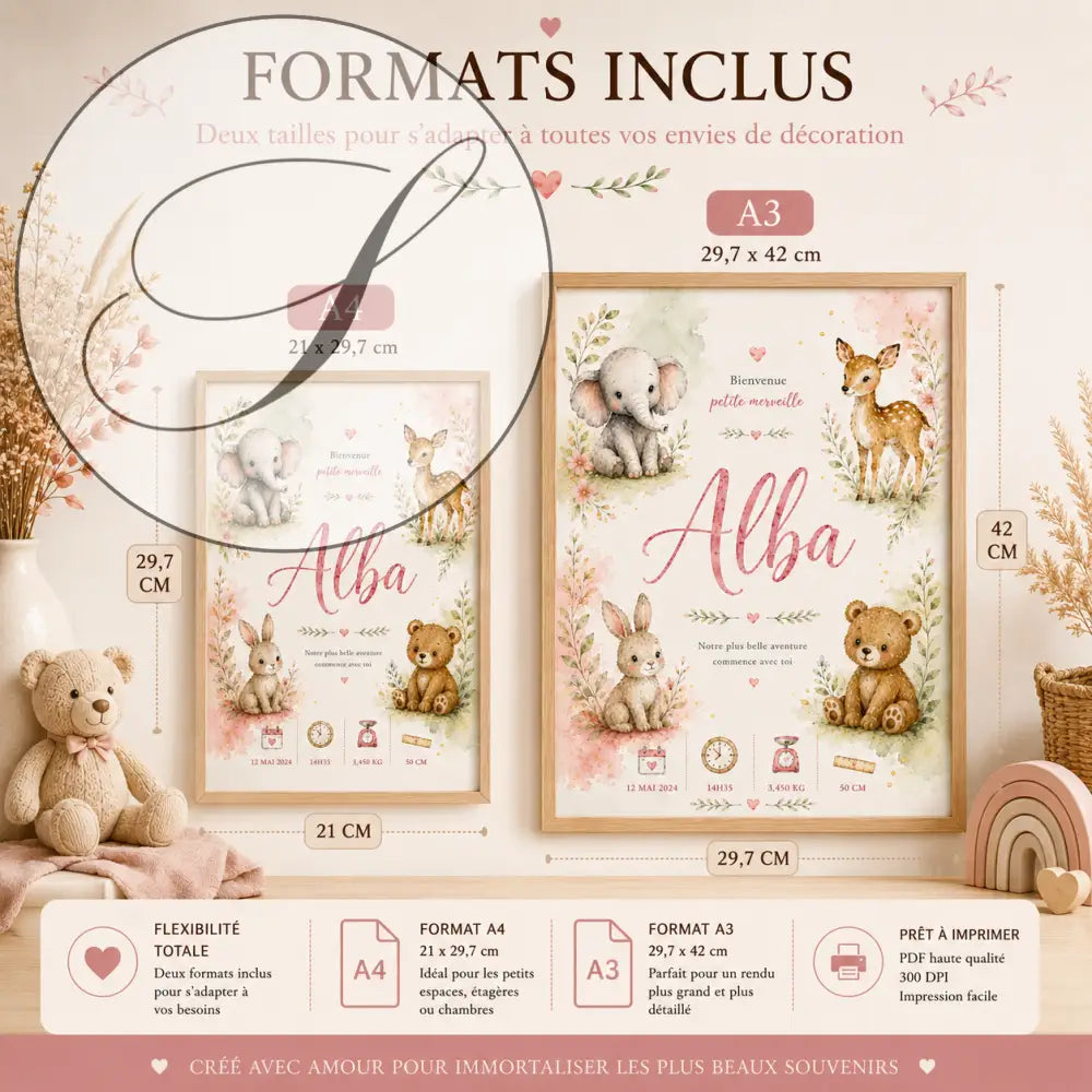 Affiche de bienvenue bébé a3 encadrée avec design aquarelle éléphant cerf lapin ours entouré de fleurs roses sans titre 30déc._10