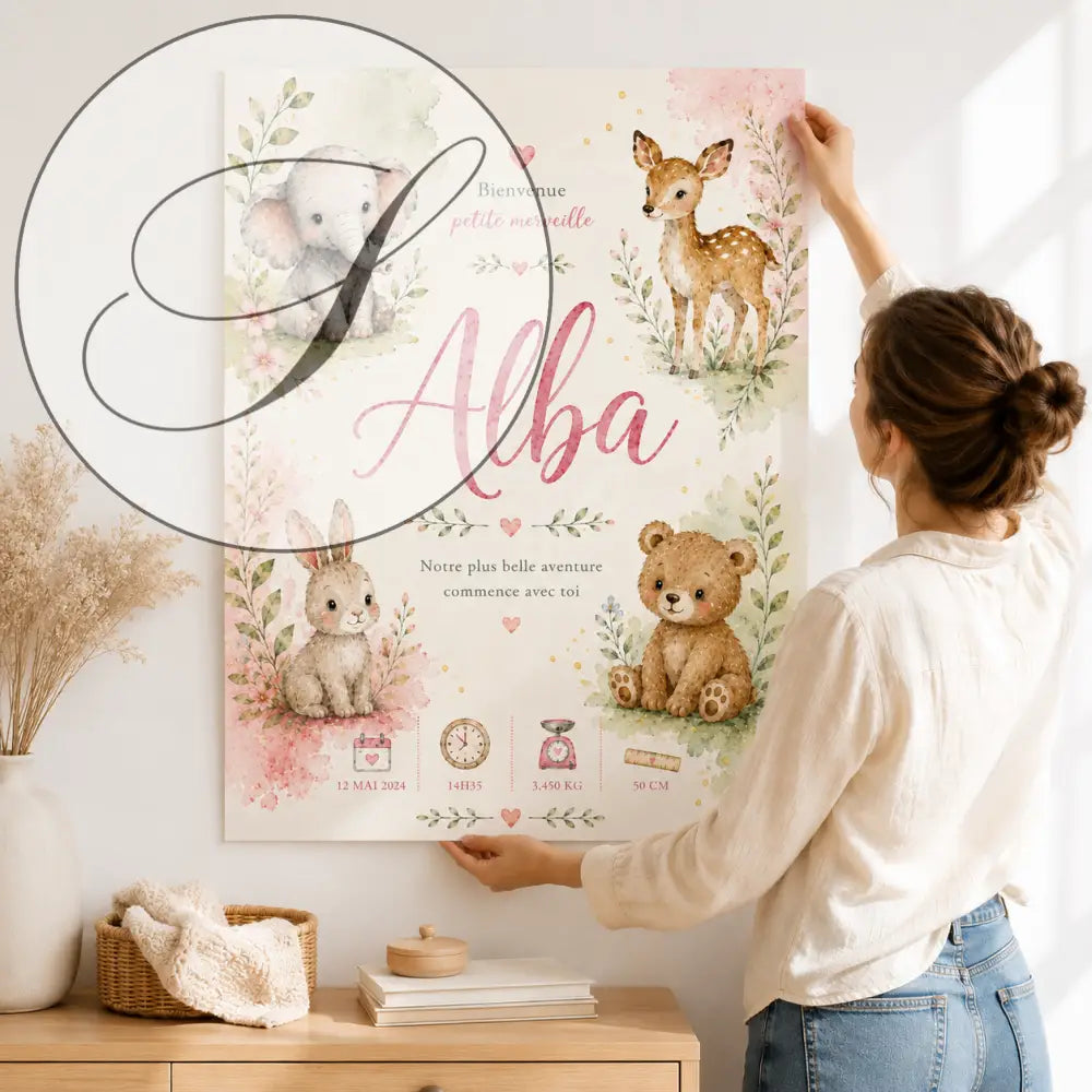Affiche de bienvenue pour bébé style aquarelle avec éléphant gris cerf marron lapin blanc ours beige fleurs roses feuilles vertes