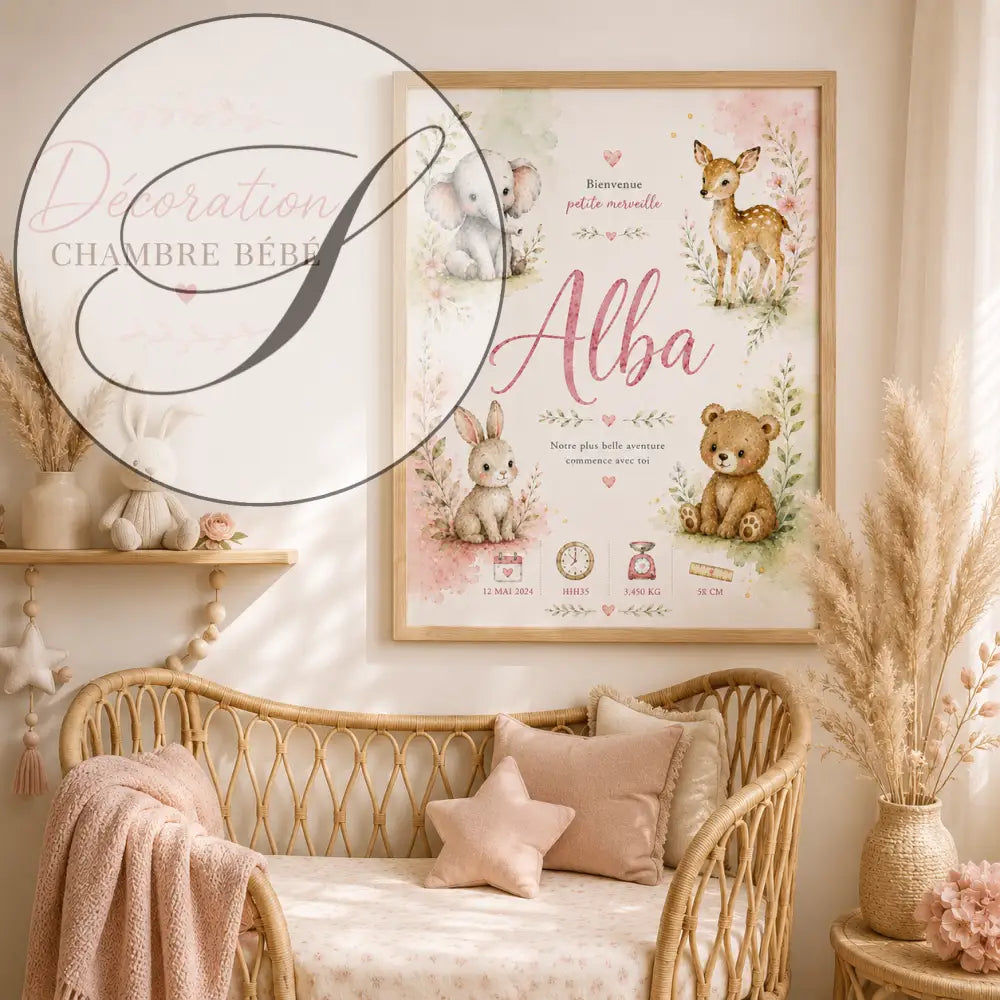 Affiche naissance encadrée aquarelle léphant bébé cerf lapin et ours avec motifs floraux