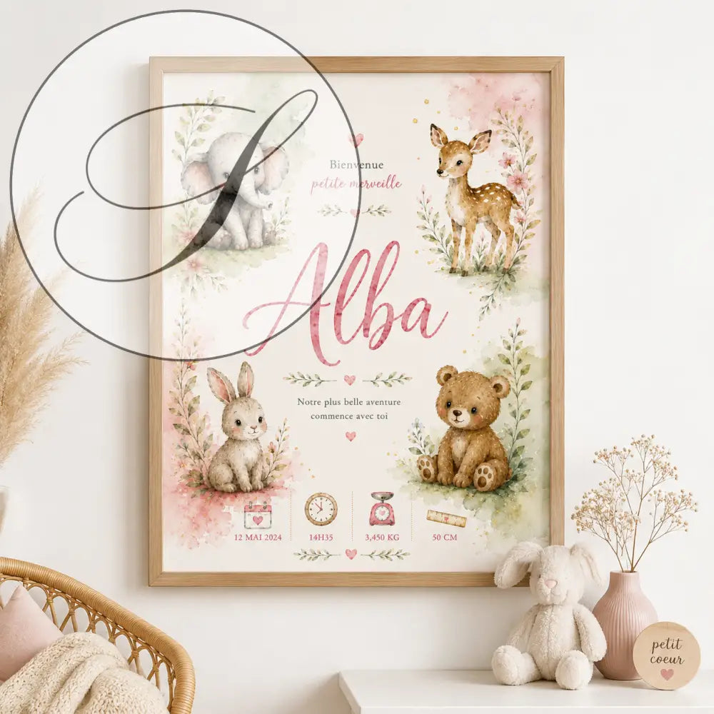Affiche naissance aquarelle encadrée pour bébé alba avec illustrations éléphant cerf lapin ours et fleurs rose et vert
