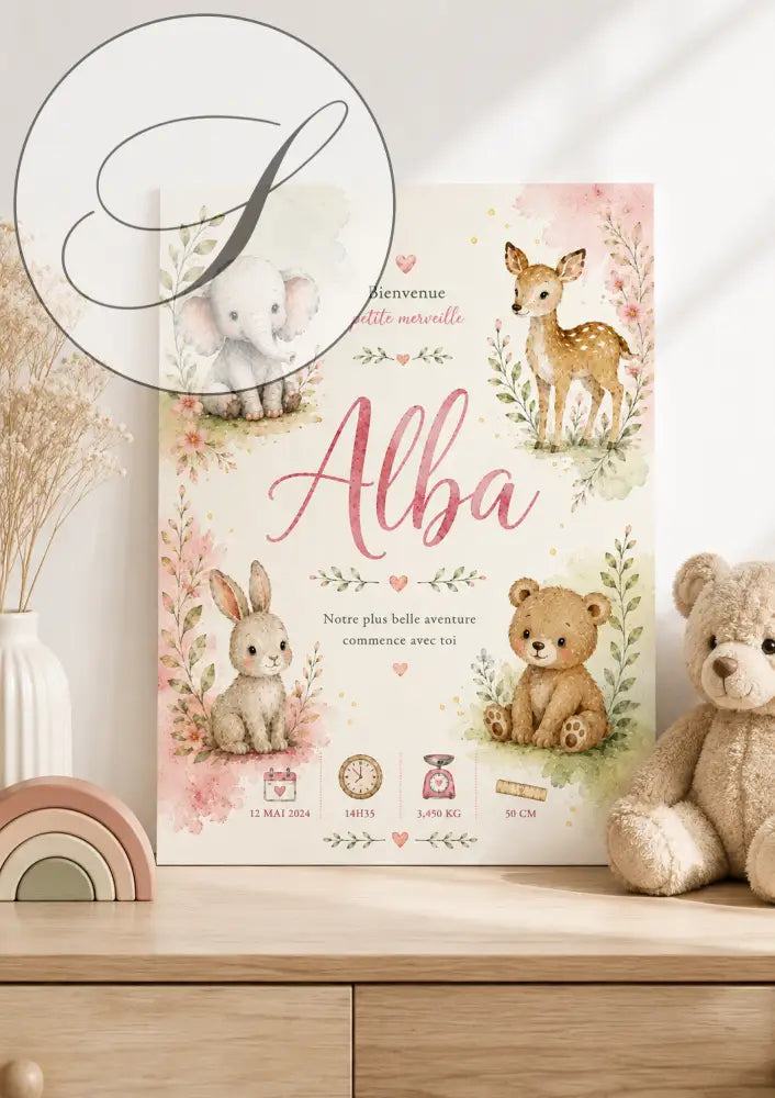 Affiche naissance bébé douce aux tons pastel avec animaux illustrés en rose beige et vert sans titre 30déc._10:ffffg49