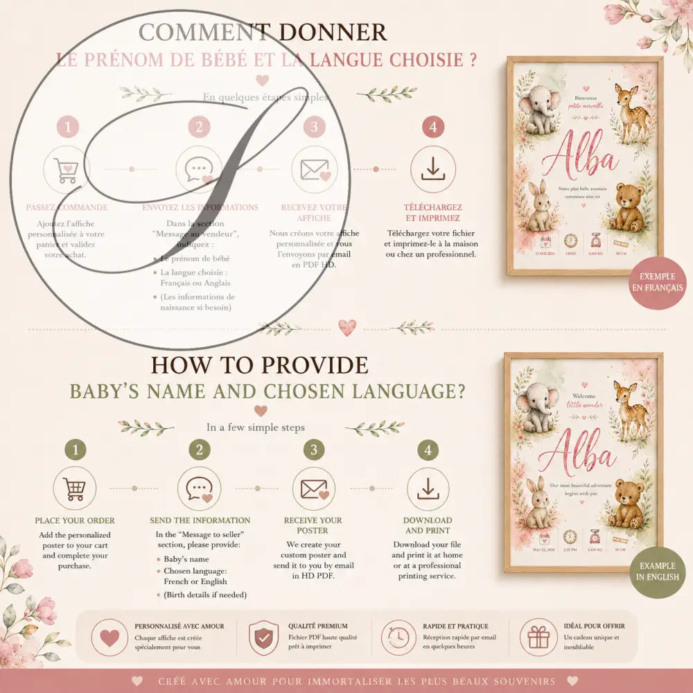 Affiche personnalisée de naissance pour bébé en rose et crème avec animaux de la forêt et prénom alba en écriture cursive