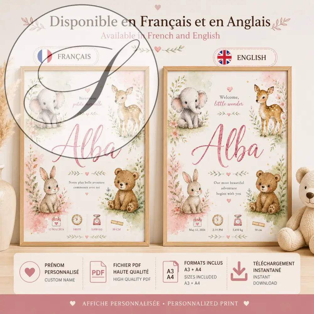 Affiche naissance personnalisée sans titre 30déc avec animaux de la forêt aquarelle rose et beige pour bébé