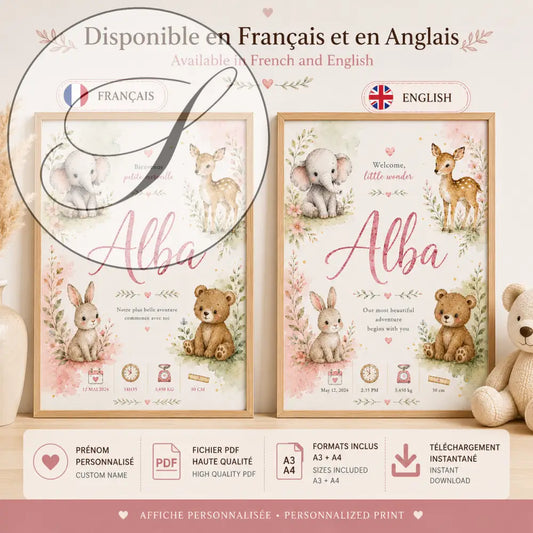 Affiche naissance personnalisée sans titre 30déc avec animaux de la forêt aquarelle rose et beige pour bébé