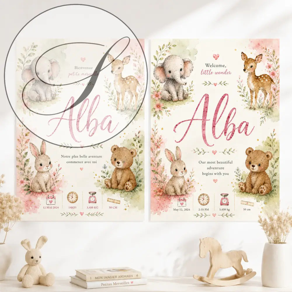 Deux affiches milestones pour bébé sans titre 30déc avec illustrations aquarelle d’éléphant gris, cerf brun tacheté, et ours beige entourés de fleurs roses et verdure