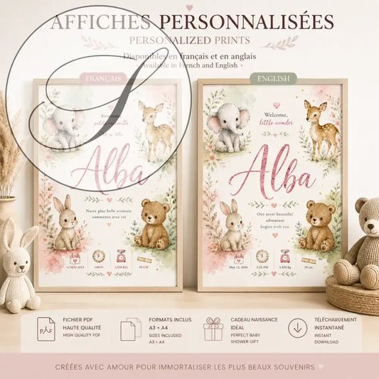 Affiche de naissance personnalisée prénom avec design aquarelle animal pastel cadeau bébé unique à imprimer pdf