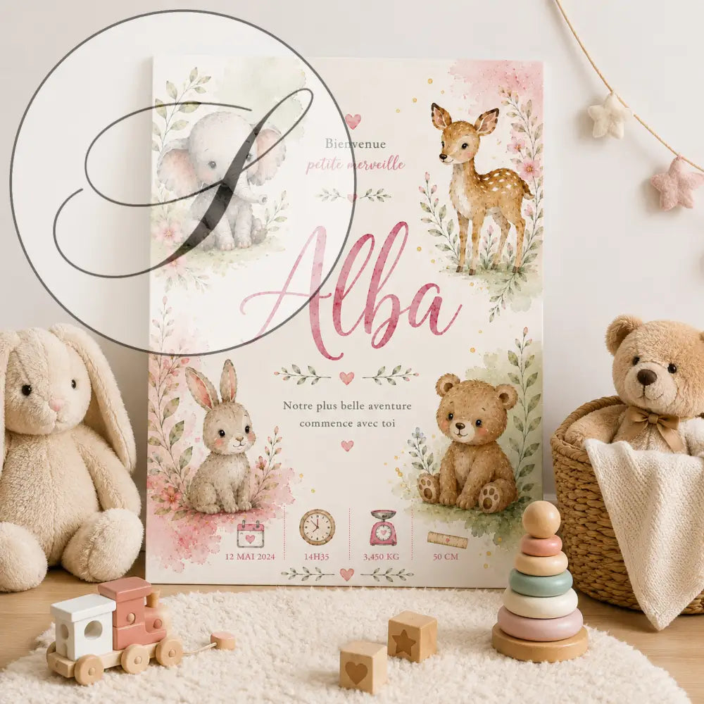 Canvas annonce de naissance sans titre 30déc avec illustration animaux en aquarelle rose doux et crème prénom alba et détails bébé