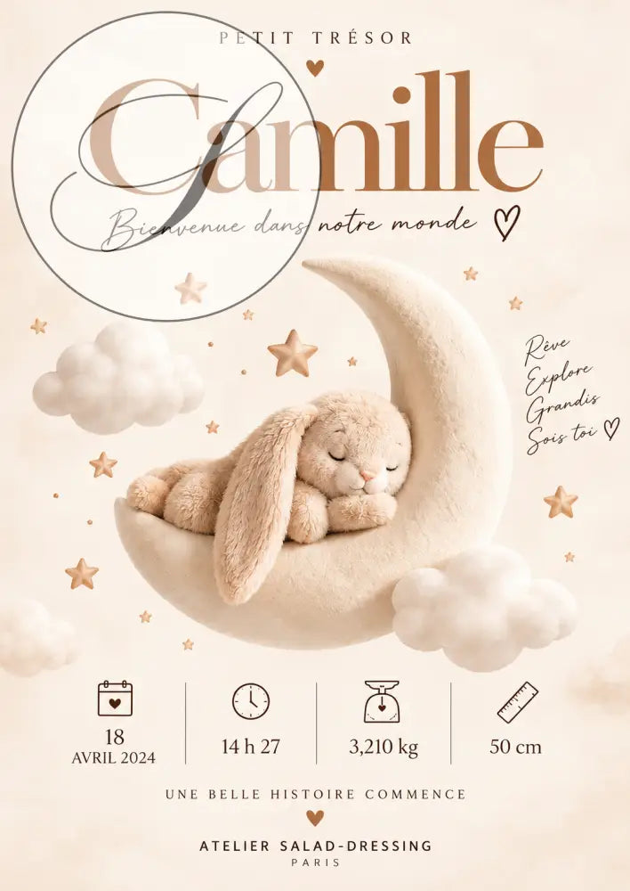 Poster personnalisé de naissance Petit trésor avec prénom, lapin sur la lune, date, heure, poids et taille, cadeau de naissance