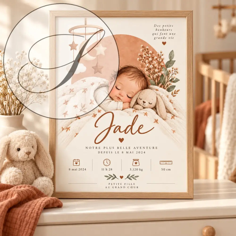 Affiche bébé endormi avec prénom personnalisé et doudou lapin dans un cadre, cadeau naissance fille délicat