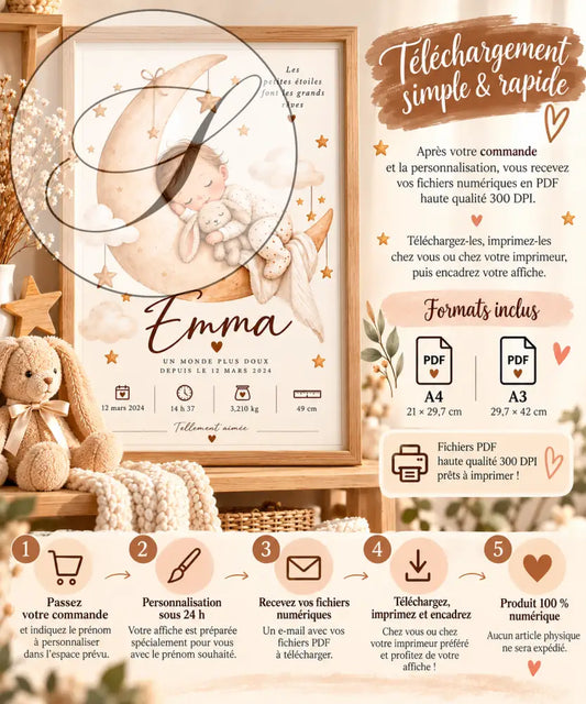 Affiche de naissance personnalisée bébé lune avec bébé endormi sur croissant de lune décoré d étoiles et nuages cadeau naissance