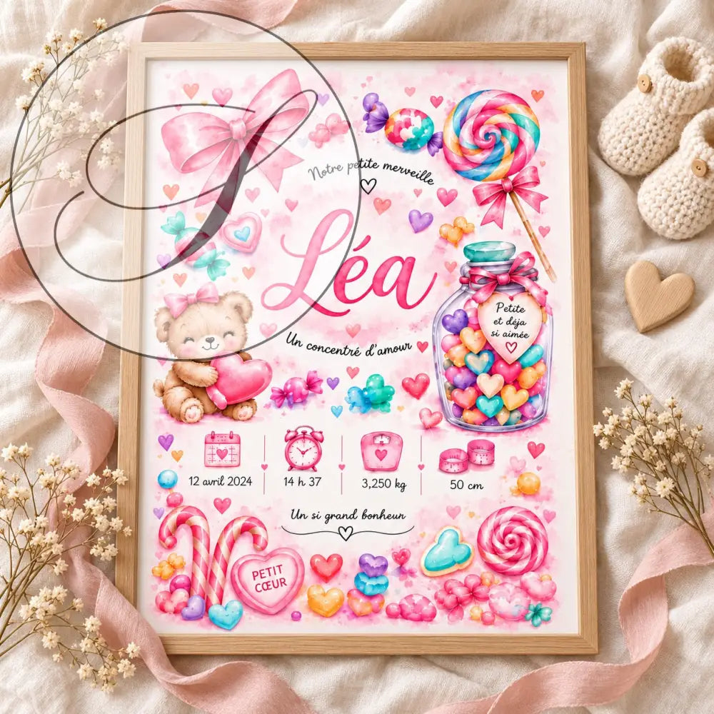 Affiche bonbons et ourson rose cadre rose bébé personnalisé avec illustrations bonbons cadeau naissance fille léa