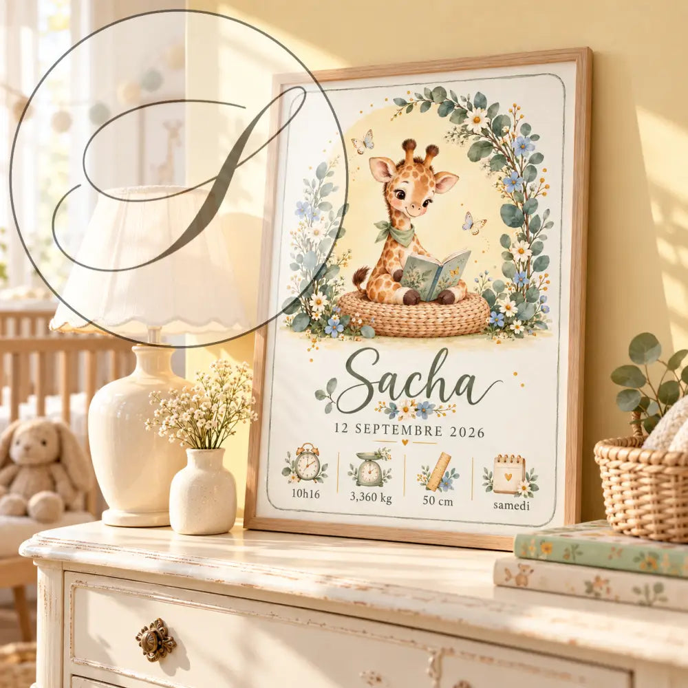 Affiche naissance personnalisé bébé avec girafe lisant un livre, couronne florale, et stats personnelles pour sacha born september 12 2026