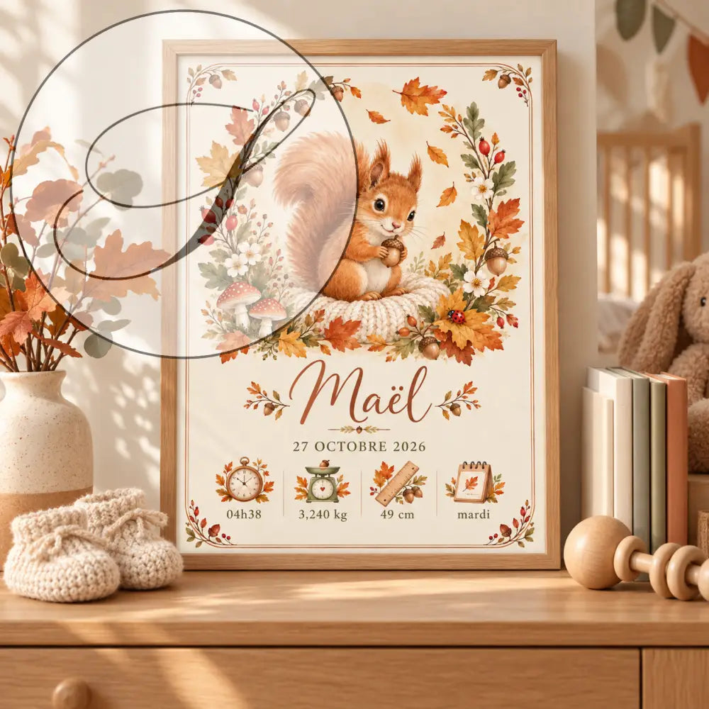 Affiche bébé personnalisée cadeau naissance écureuil orange avec illustration aquarelle fond crème automne