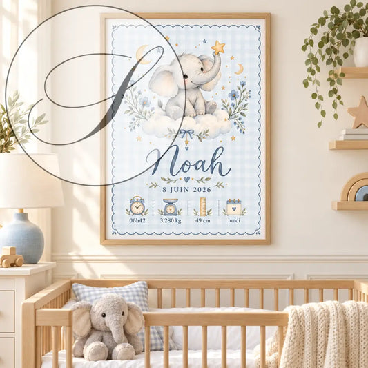 Affiche prénom éléphant gris avec détails personnalisés noah idéale cadeau naissance bébé encadrée
