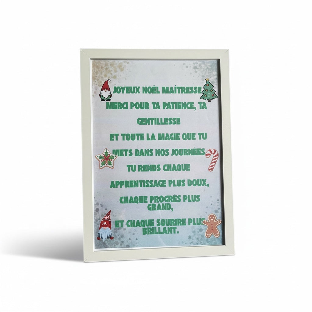 Cadeau Noël idéal pour maîtresse – affiche A4 encadrée