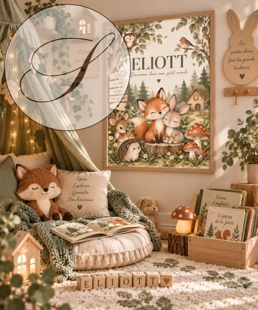 Affiche prénom bébé personnalisée avec animaux de la forêt et le prénom eliott idéale cadeau naissance personnalisée