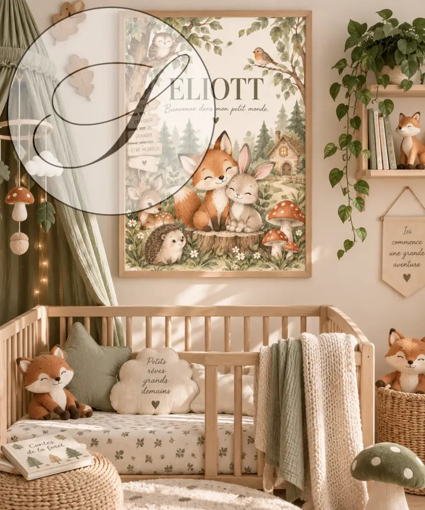 Affiche prénom bébé personnalisée animaux de la forêt en aquarelle avec le nom eliott pour un cadeau de naissance personnalisé