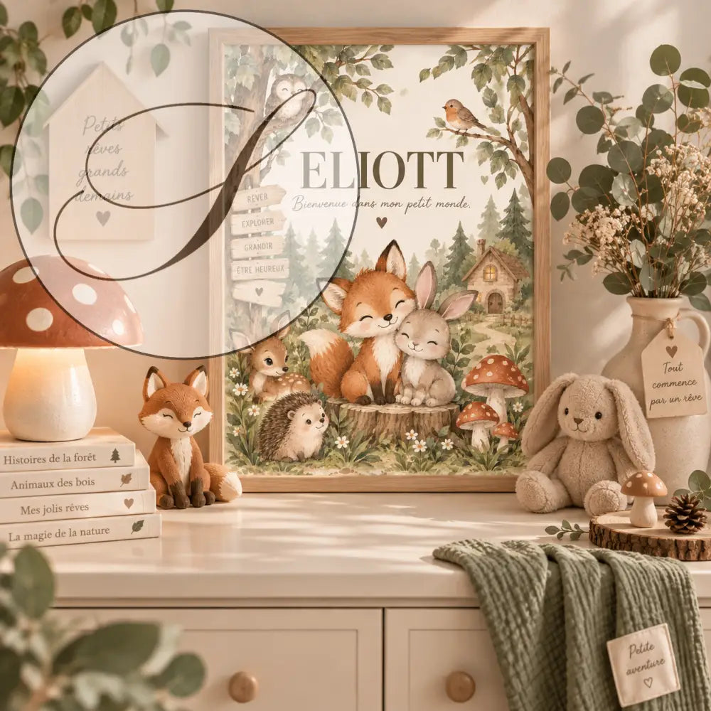 Affiche prénom bébé personnalisée woodland avec un renard souriant et lapin sur une souche, cadeau naissance personnalisé