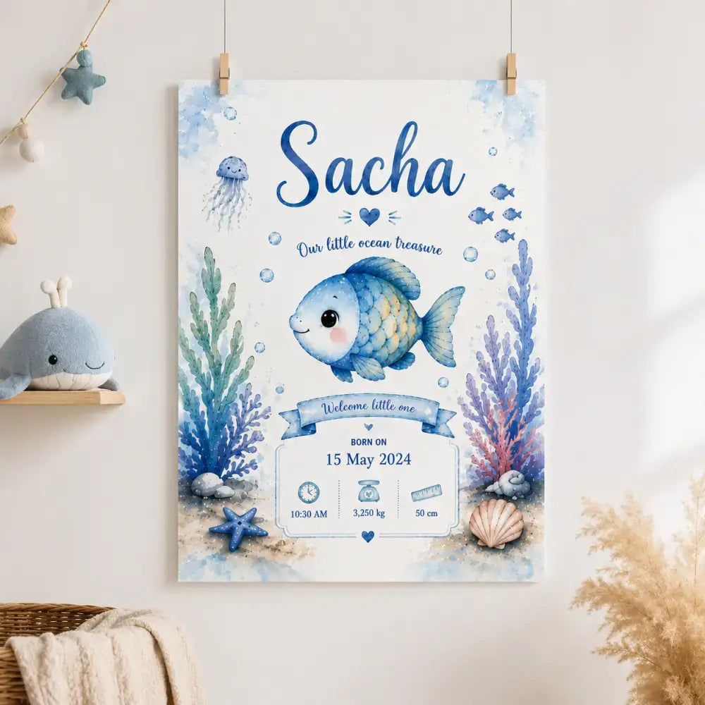 Affiche de naissance en aquarelle bleue et blanche avec poisson, corail, coquillages et méduses pour bébé