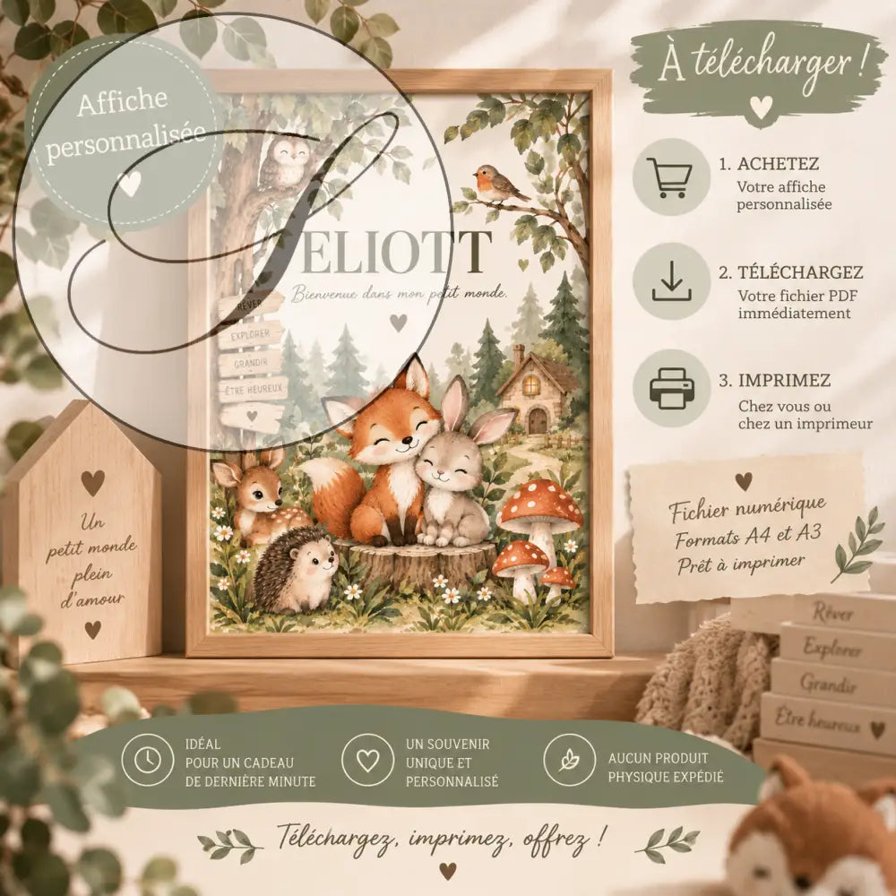 Affiche prénom bébé personnalisée en bois avec scène forêt et animaux pour cadeau naissance personnalisé nouveau-né