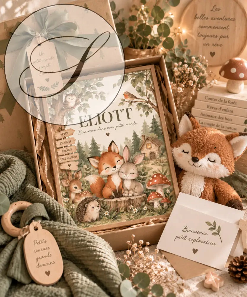 Affiche prénom bébé personnalisée avec illustration forêt et animaux pour cadeau naissance personnalisé newborn gift