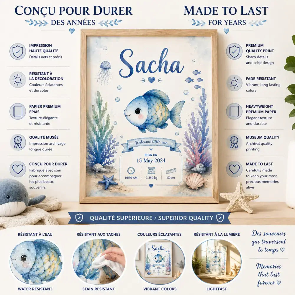 Un faire-part de naissance encadré à thème océan avec un poisson bleu et jaune sacha en écriture élégante