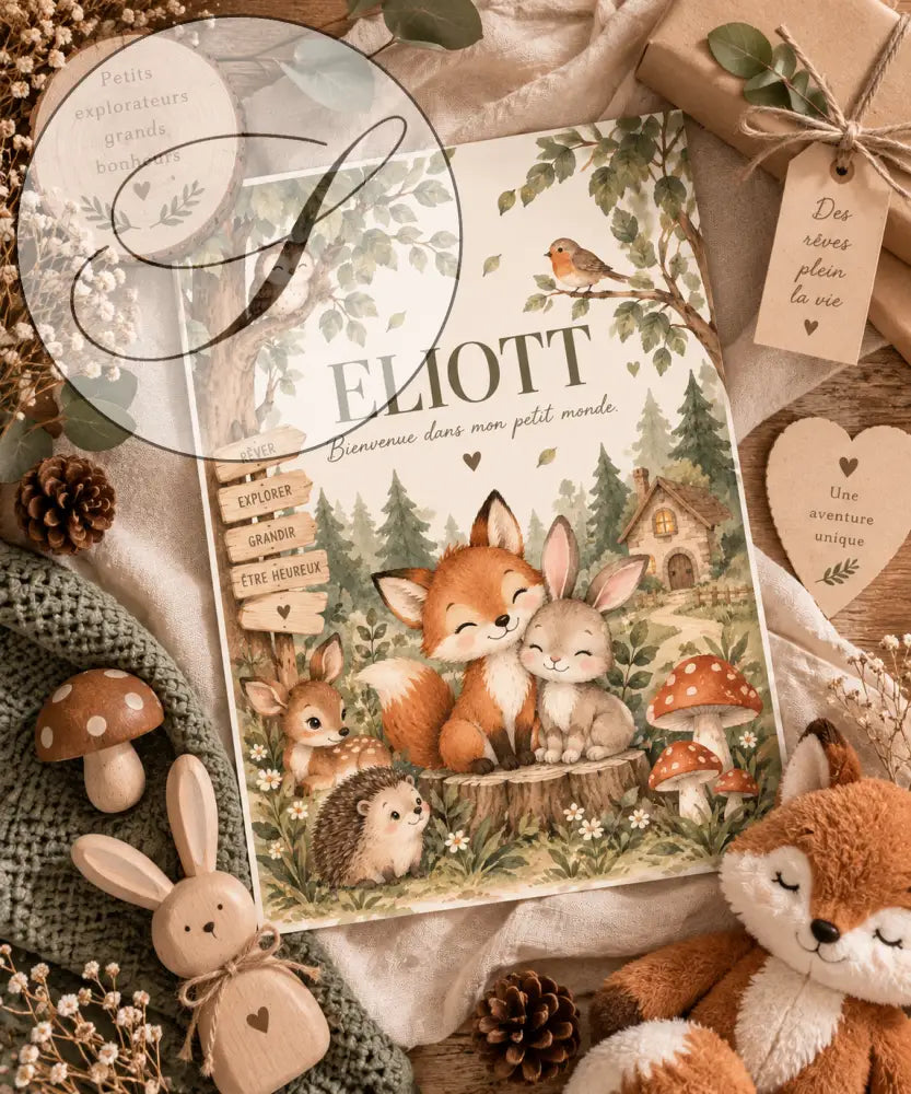 Affiche prénom bébé personnalisée avec illustration nature douce et animaux de la forêt comme cadeau personnalisé pour nouveau-né