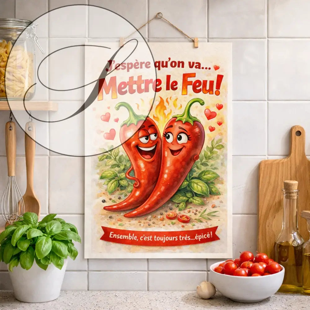 Affiche cuisine déco murale avec piments amoureux, idée cadeau Saint Valentin 