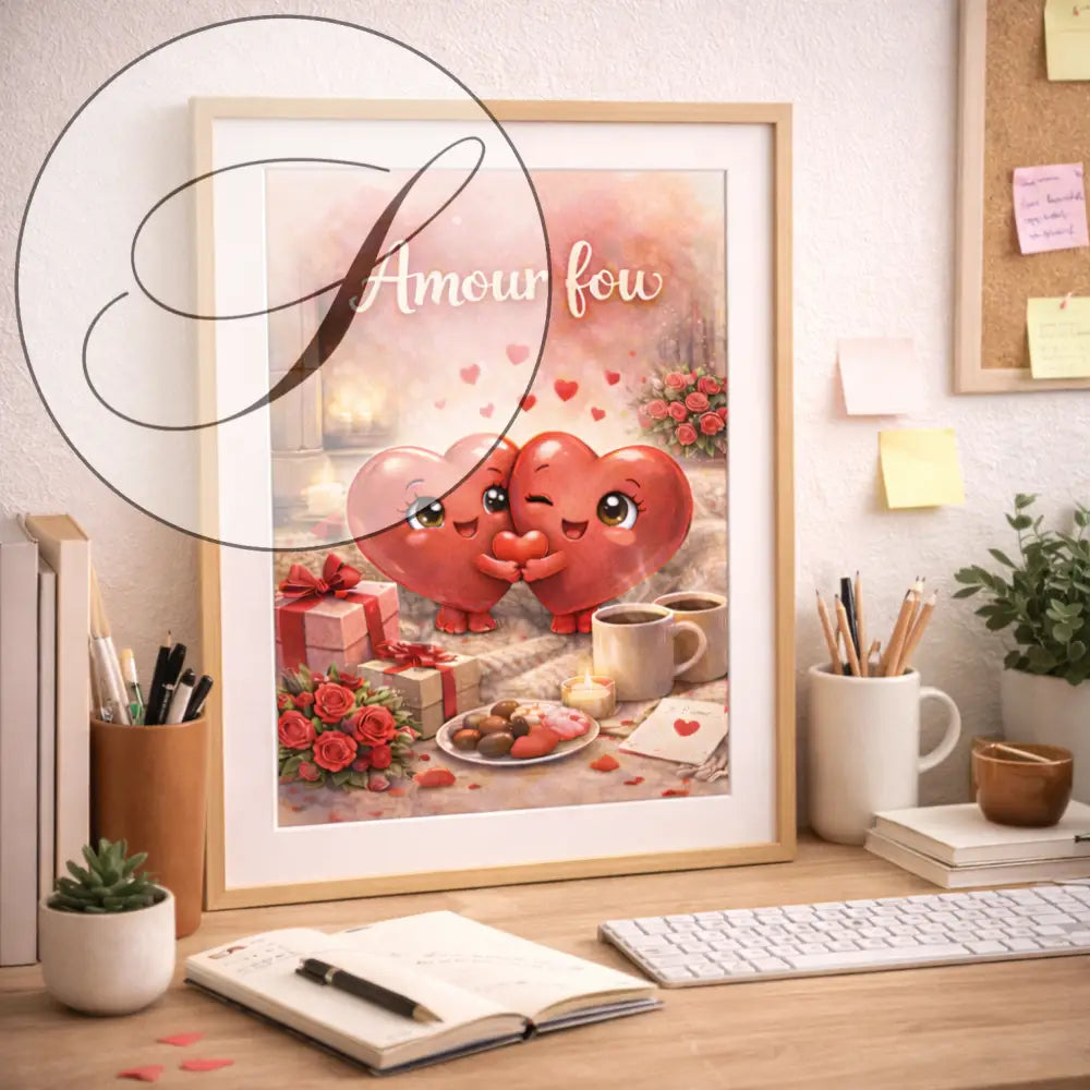 Affiche romantique amour fou avec deux coeurs rouges souriants entourés de roses cadeaux café idéale cadeau saint valentin