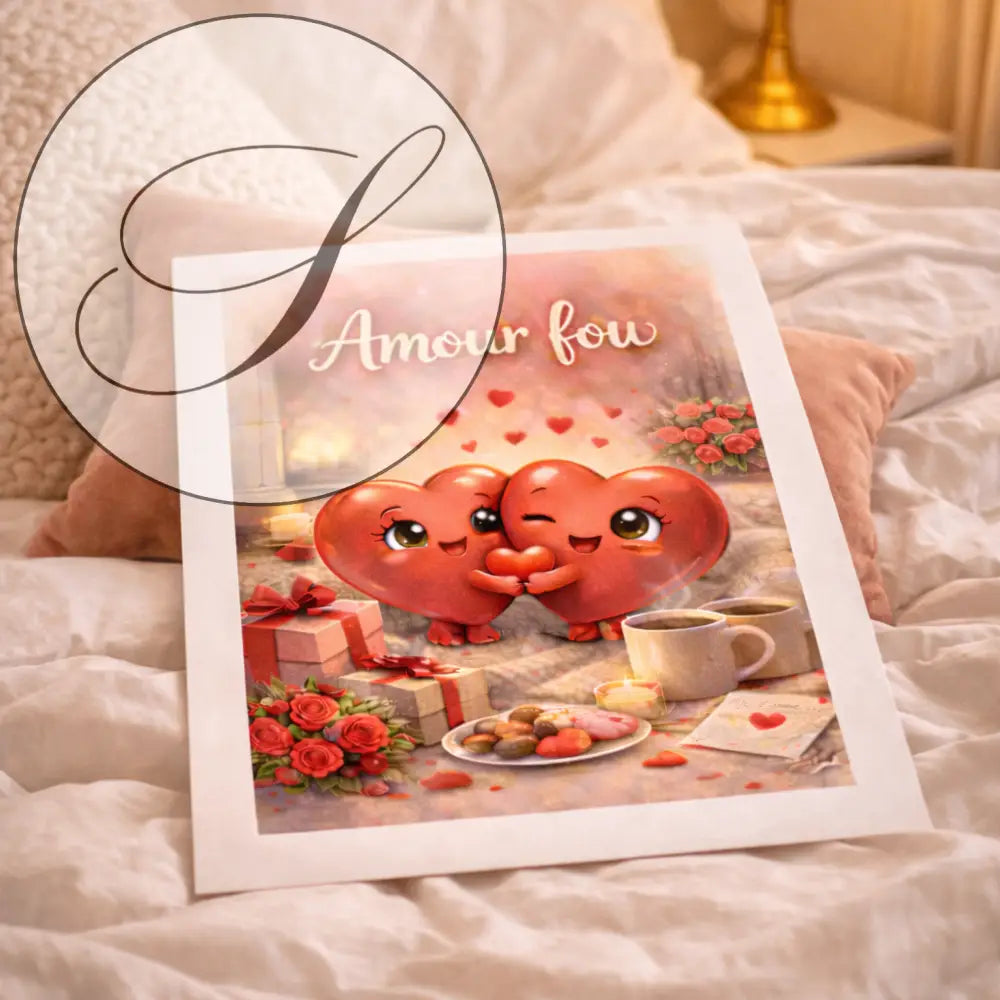Affiche romantique avec deux coeurs rouges cartoon tenant un petit coeur cadeau saint valentin à imprimer