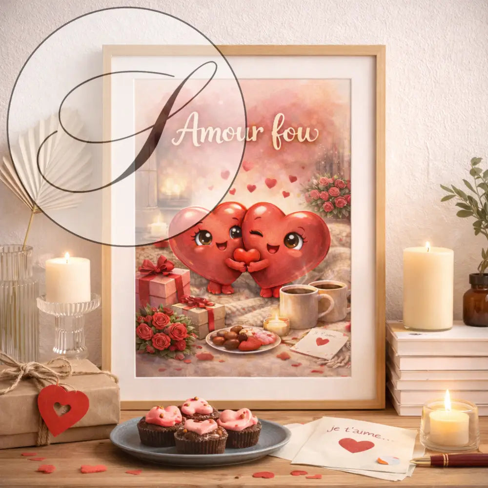 Affiche romantique amour fou avec deux coeurs rouges cartoon tenant un petit coeur cadeau saint valentin imprimable