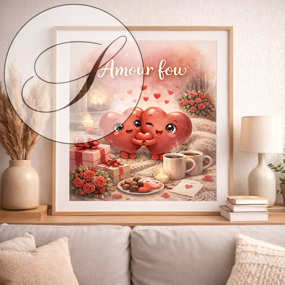 Affiche romantique amour fou avec deux coeurs rouges cartoon tenant un petit coeur cadeau saint valentin à imprimer