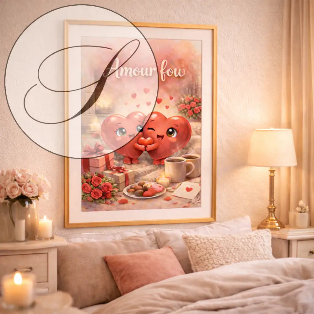 Affiche romantique amour fou avec deux coeurs rouges cartoon et éléments cadeaux saint valentin à imprimer