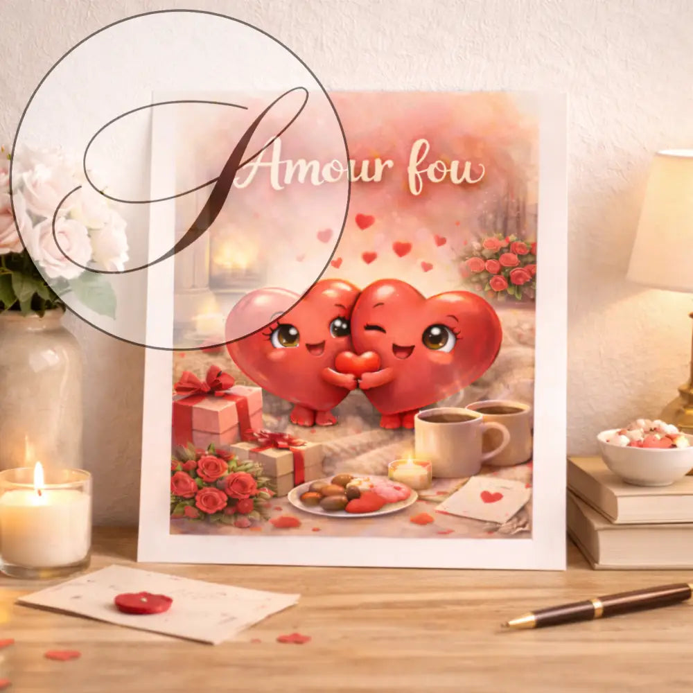 Affiche romantique cadre avec deux coeurs rouges cartoon et texte amour fou idée cadeau saint valentin à imprimer