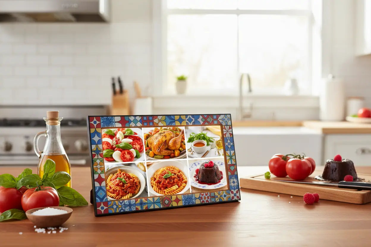 Cadre photo numérique affichant un diaporama de recettes en cuisine