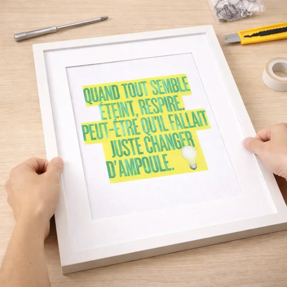 Cadre photo blanc rectangulaire avec poster inspirant jaune décoration murale motivation à imprimer avec ampoule verte