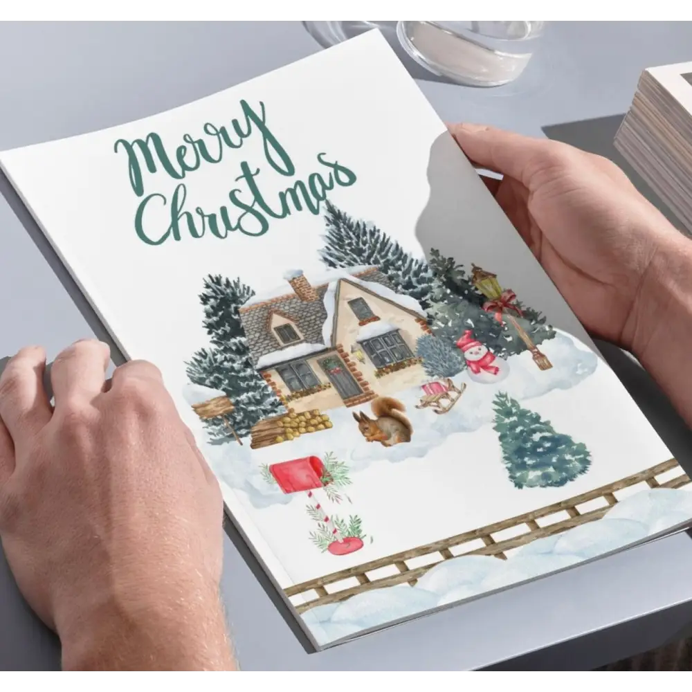 Affiche noël festive blanche avec illustration aquarelle dune maison enneigée et personnages de fête idée cadeau chic