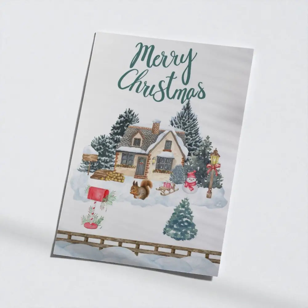 Affiche noël festive blanche avec illustration aquarelle dun chalet enneigé et texte vert merry christmas idéale cadeau déco murale