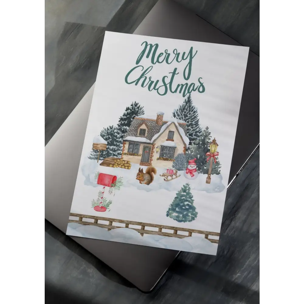 Affiche noël blanche festive avec illustration aquarelle maison enneigée sapins et personnages pour idée cadeau poster christmas