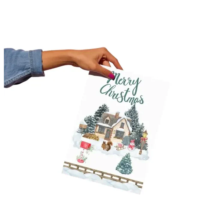 Affiche noël festive avec illustration aquarelle maison enneigée sapins écureuil décorations pour idée cadeau christmas poster