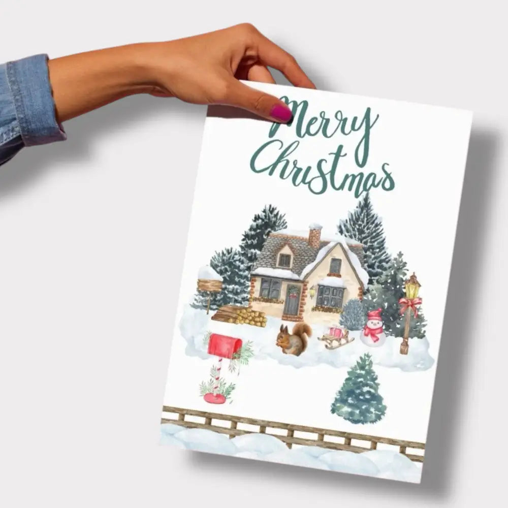 Affiche noël avec illustration aquarelle dune maison enneigée sapins bonhomme de neige et décorations festives rouge